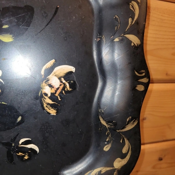 Vintage 1950 Metal Serving Tray Toleware Hand Painted Pink Roses Shabby Chic - Picture 7 of 12